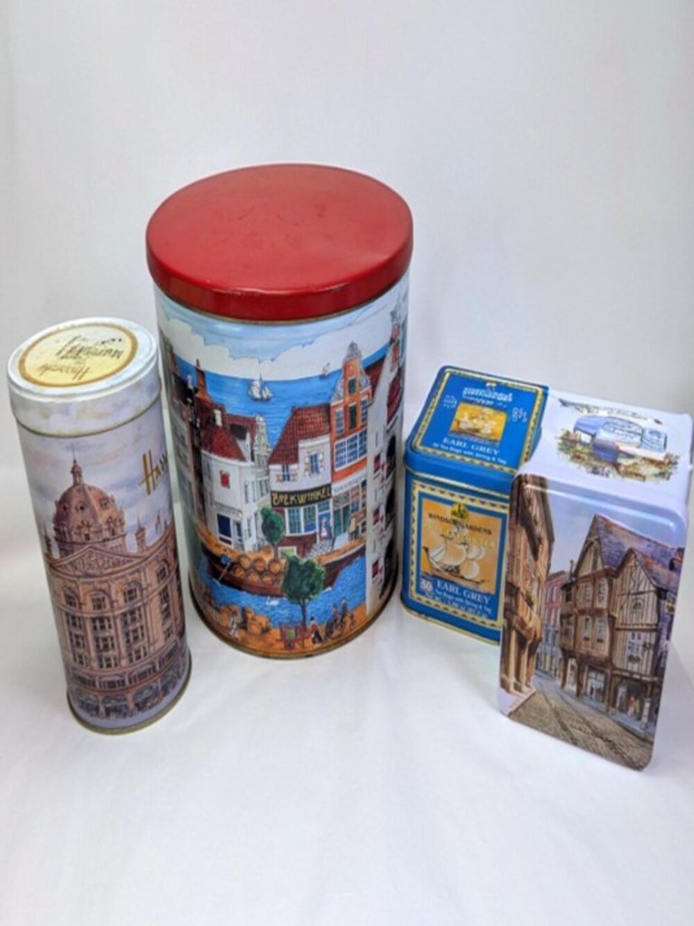 4pc European Travel Metal Tin Bundle Harrods of London Windsor Gardens Embossed